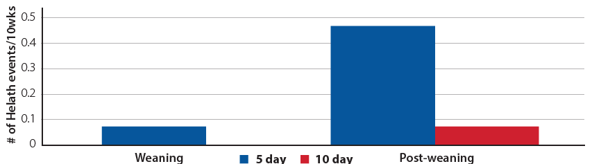Figure 3_Kathleen (2) Figure 3: Health events/calf throughout weaning and post weaning for calves weaned over a 5 and 10 day period.